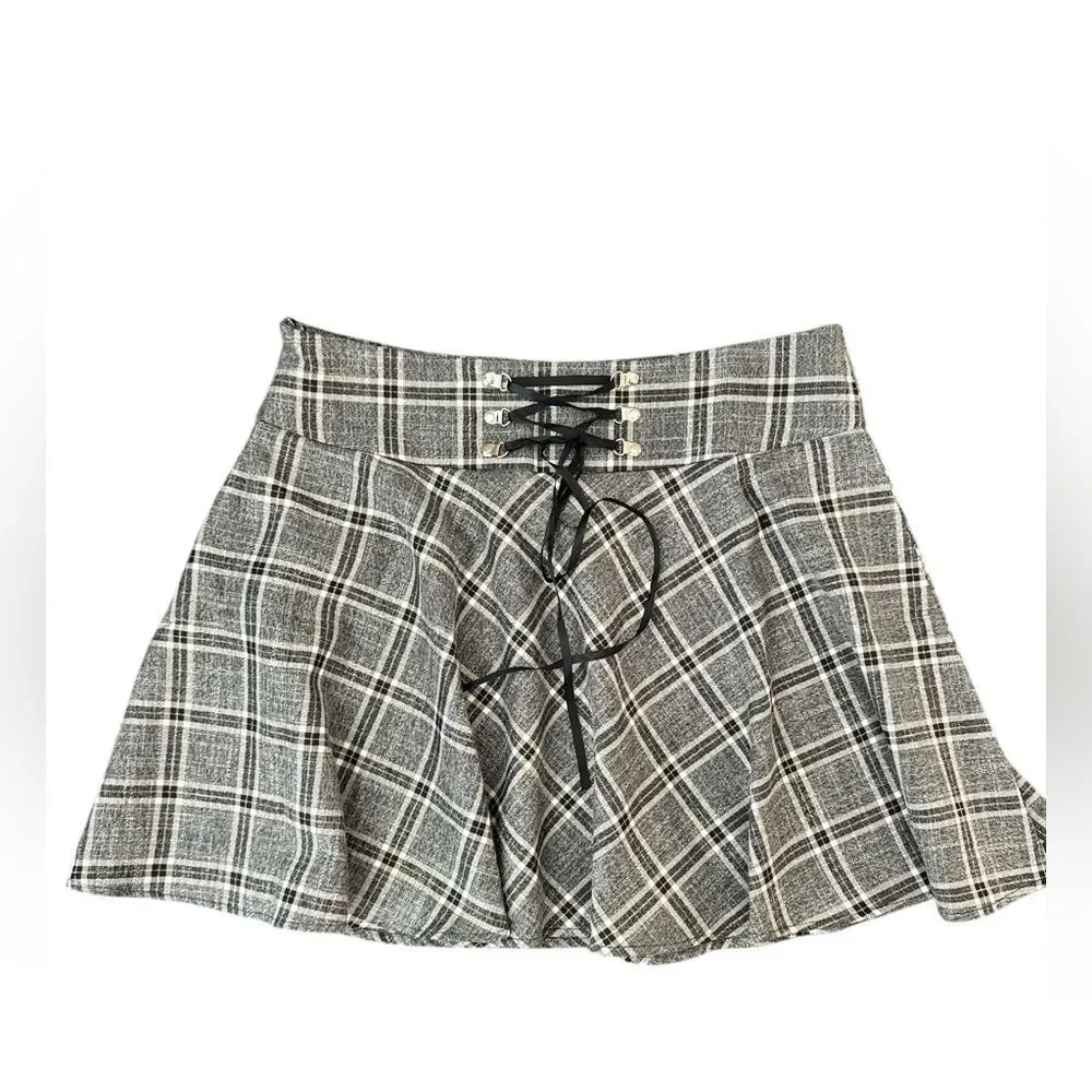 Gray Black Plaid Mini Skirt XL Lace Up Waist Schoolgirl Y2K Aesthetic Skirt